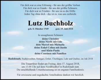 Traueranzeige von Lutz Buchholz von Ostthüringer Zeitung