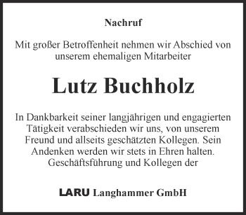 Traueranzeige von Lutz Buchholz von Ostthüringer Zeitung