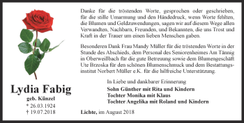 Traueranzeige von Lydia Fabig von Ostthüringer Zeitung