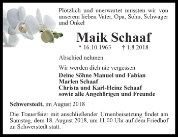 Traueranzeige von Maik Schaaf von Thüringer Allgemeine, Thüringische Landeszeitung