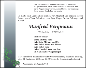 Traueranzeige von Manfred Bergmann von Thüringer Allgemeine