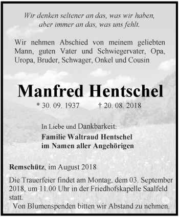 Traueranzeige von Manfred Hentschel von Ostthüringer Zeitung