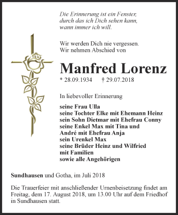 Traueranzeige von Manfred Lorenz von Ostthüringer Zeitung, Thüringische Landeszeitung