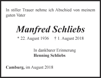 Traueranzeige von Manfred Schliebs von Ostthüringer Zeitung, Thüringische Landeszeitung