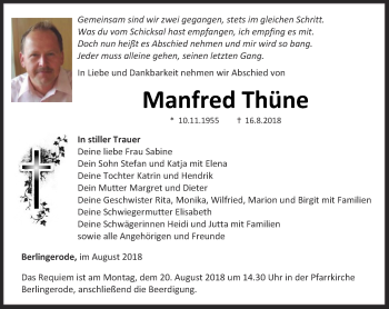 Traueranzeige von Manfred Thüne von Thüringer Allgemeine