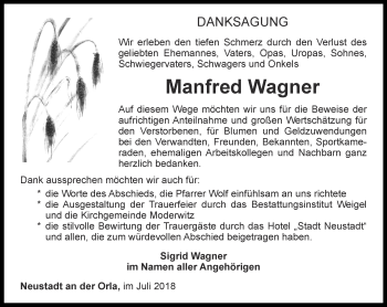 Traueranzeige von Manfred Wagner von Ostthüringer Zeitung