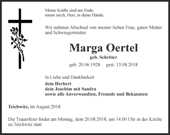 Traueranzeige von Marga Oertel von Ostthüringer Zeitung