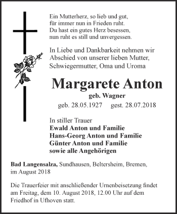 Traueranzeige von Margarete Anton von Thüringer Allgemeine, Thüringische Landeszeitung