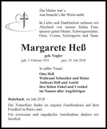 Traueranzeige von Margarete Heß von Ostthüringer Zeitung