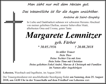 Traueranzeige von Margarete Lemnitzer von Ostthüringer Zeitung