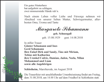 Traueranzeige von Margarete Schumann von Thüringer Allgemeine, Thüringische Landeszeitung