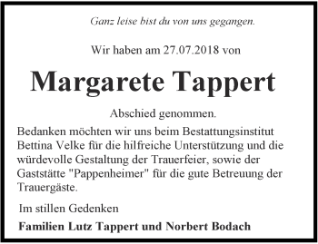Traueranzeige von Margarete Tappert von Ostthüringer Zeitung