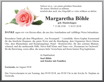 Traueranzeige von Margaretha Böhle von Thüringer Allgemeine