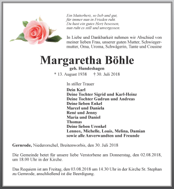 Traueranzeige von Margaretha Böhle von Thüringer Allgemeine