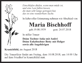 Traueranzeige von Maria Bischhoff von Thüringer Allgemeine, Thüringische Landeszeitung