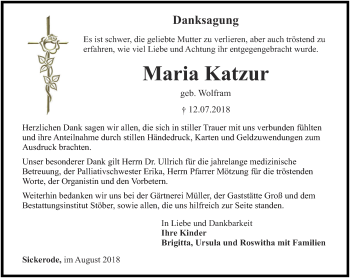 Traueranzeige von Maria Katzur von Thüringer Allgemeine