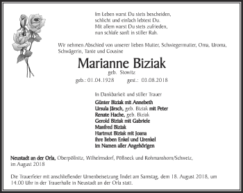 Traueranzeige von Marianne Biziak von Ostthüringer Zeitung