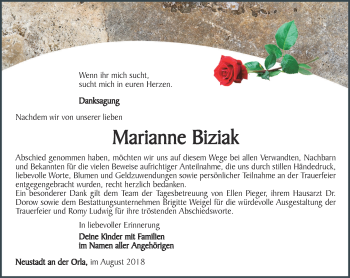 Traueranzeige von Marianne Biziak von Ostthüringer Zeitung