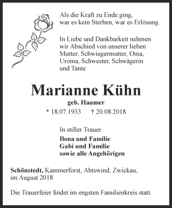 Traueranzeige von Marianne Kühn von Thüringer Allgemeine, Thüringische Landeszeitung