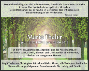 Traueranzeige von Mario Thaler von Thüringer Allgemeine, Thüringische Landeszeitung