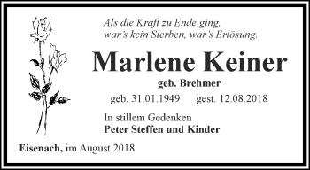 Traueranzeige von Marlene Keiner von Thüringer Allgemeine, Thüringische Landeszeitung