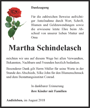 Traueranzeige von Martha Schindelasch von Thüringer Allgemeine, Thüringische Landeszeitung
