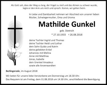 Traueranzeige von Mathilde Gunkel von Thüringer Allgemeine