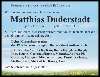 Traueranzeige von Matthias Duderstadt von Thüringer Allgemeine