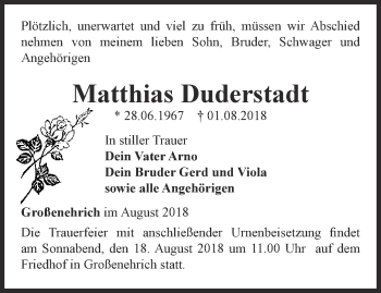 Traueranzeige von Matthias Duderstadt von Thüringer Allgemeine