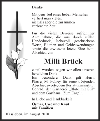 Traueranzeige von Milli Brück von Thüringer Allgemeine, Thüringische Landeszeitung