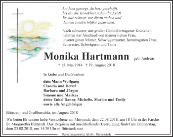 Traueranzeige von Monika Hartmann von Thüringer Allgemeine