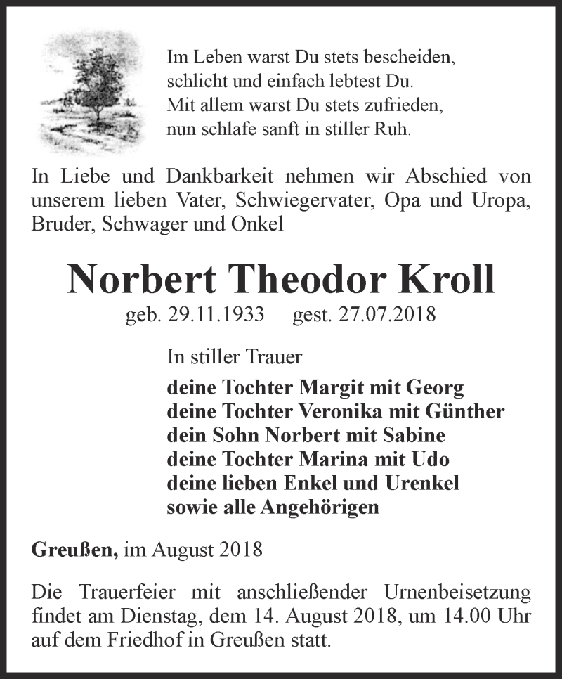 Traueranzeigen von Norbert Theodor Kroll | trauer-in-thueringen.de