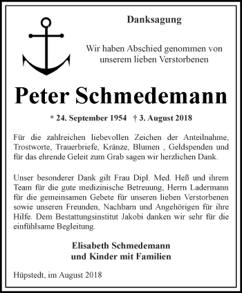 Traueranzeige von Peter Schmedemann von Thüringer Allgemeine, Thüringische Landeszeitung