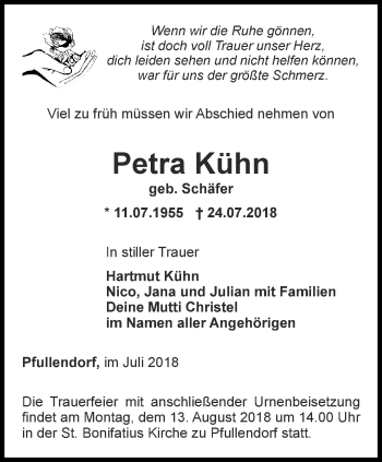 Traueranzeige von Petra Kühn von Ostthüringer Zeitung, Thüringische Landeszeitung