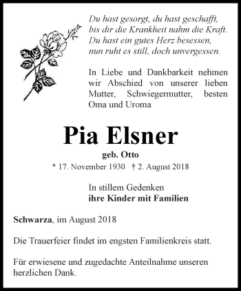 Traueranzeige von Pia Elsner von Ostthüringer Zeitung