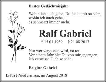 Traueranzeige von Ralf Gabriel  von Thüringer Allgemeine, Thüringische Landeszeitung