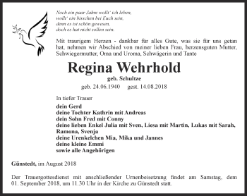 Traueranzeige von Regina Wehrhold von Thüringer Allgemeine