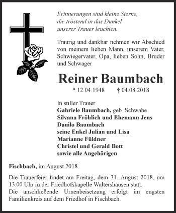 Traueranzeige von Reiner Baumbach von Ostthüringer Zeitung, Thüringische Landeszeitung