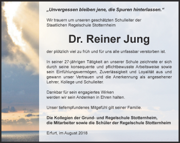 Traueranzeige von Reiner Jung von Thüringer Allgemeine, Thüringische Landeszeitung