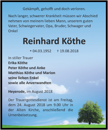 Traueranzeige von Reinhard Köthe von Thüringer Allgemeine, Thüringische Landeszeitung