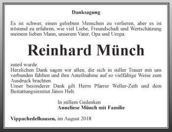 Traueranzeige von Reinhard Münch von Thüringer Allgemeine, Thüringische Landeszeitung