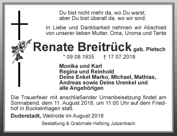 Traueranzeige von Renate Breitrück von Thüringer Allgemeine