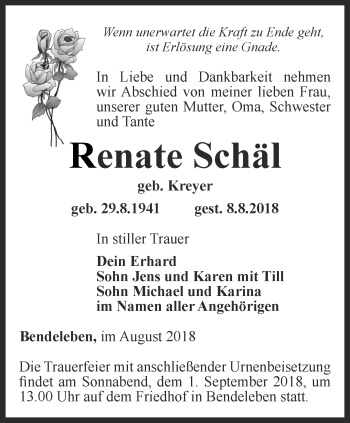 Traueranzeige von Renate Schäl von Thüringer Allgemeine