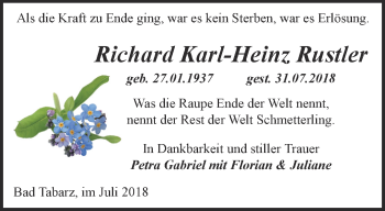 Traueranzeige von Richard Karl-Heinz Rustler von Ostthüringer Zeitung, Thüringische Landeszeitung