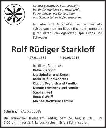 Traueranzeige von Rolf Rüdiger Starkloff von Thüringer Allgemeine, Thüringische Landeszeitung