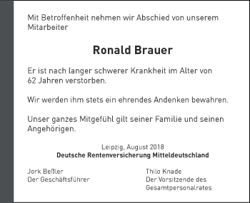 Traueranzeige von Ronald Brauer von Thüringer Allgemeine, Thüringische Landeszeitung