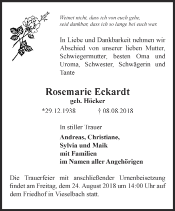 Traueranzeige von Rosemarie Eckardt von Thüringer Allgemeine, Thüringische Landeszeitung