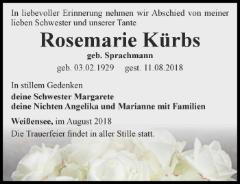 Traueranzeige von Rosemarie Kürbs von Thüringer Allgemeine