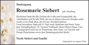 Traueranzeige von Rosemarie Siebert von Thüringer Allgemeine, Thüringische Landeszeitung