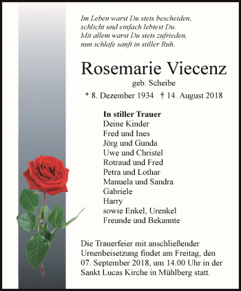 Traueranzeige von Rosemarie Viecenz von Ostthüringer Zeitung, Thüringische Landeszeitung